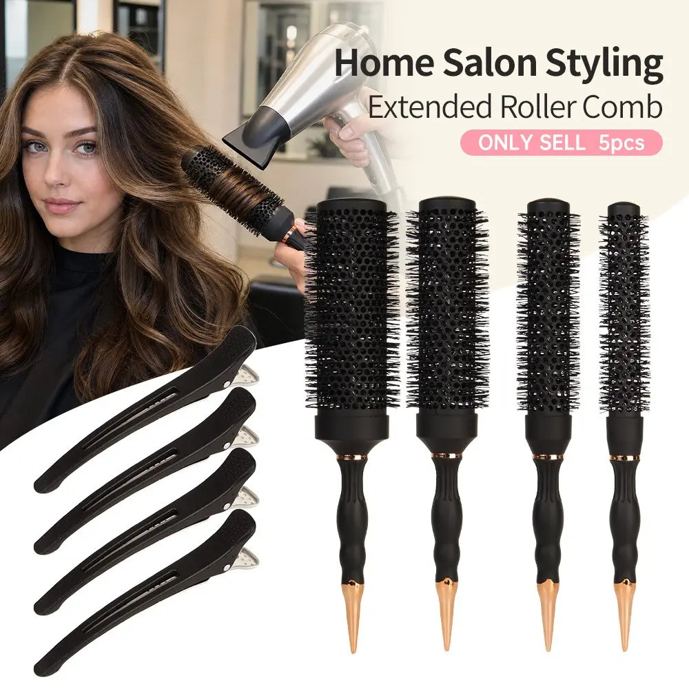 1+4 Hair Roll Comb Set, Multi-Size Cylindrical Combs + Duckbill Clips, DIY Various Curl Styles, Women's Salon Home Hair Tools, Big Wave Combs