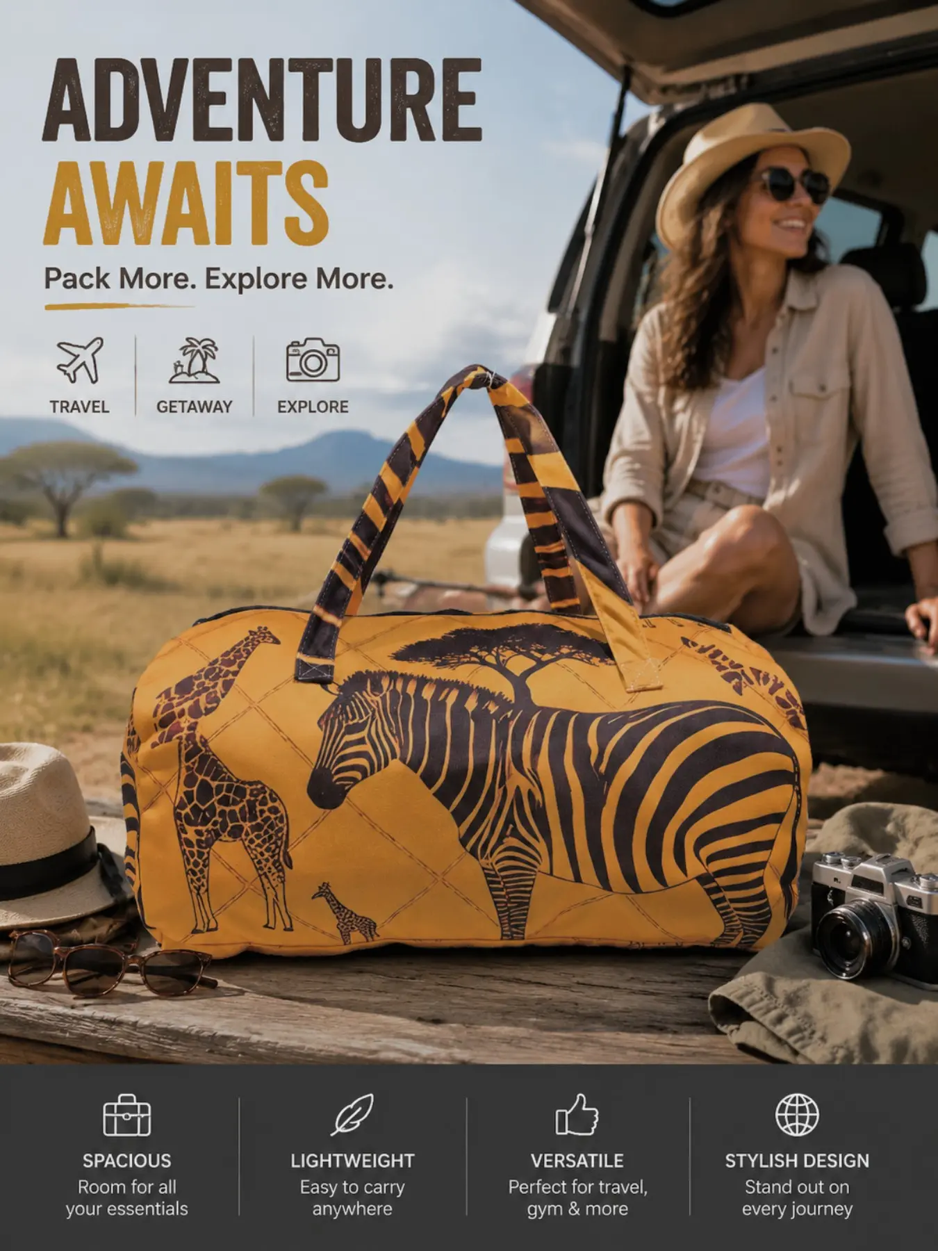 1 Piece African Savanna Zebra & Giraffe Print Duffle Weekender Bag, Large Capacity Reinforced Handle Luggage Tote for Camping, Short Trips & Gym