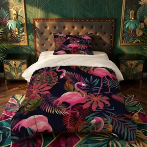 2/3PCS Dark Tropical Flamingo Duvet Cover Set, Single Side Print No Insert, Exotic Boho Tropical Bedding, Perfect Decor Gift for Bedroom & Guest Room
