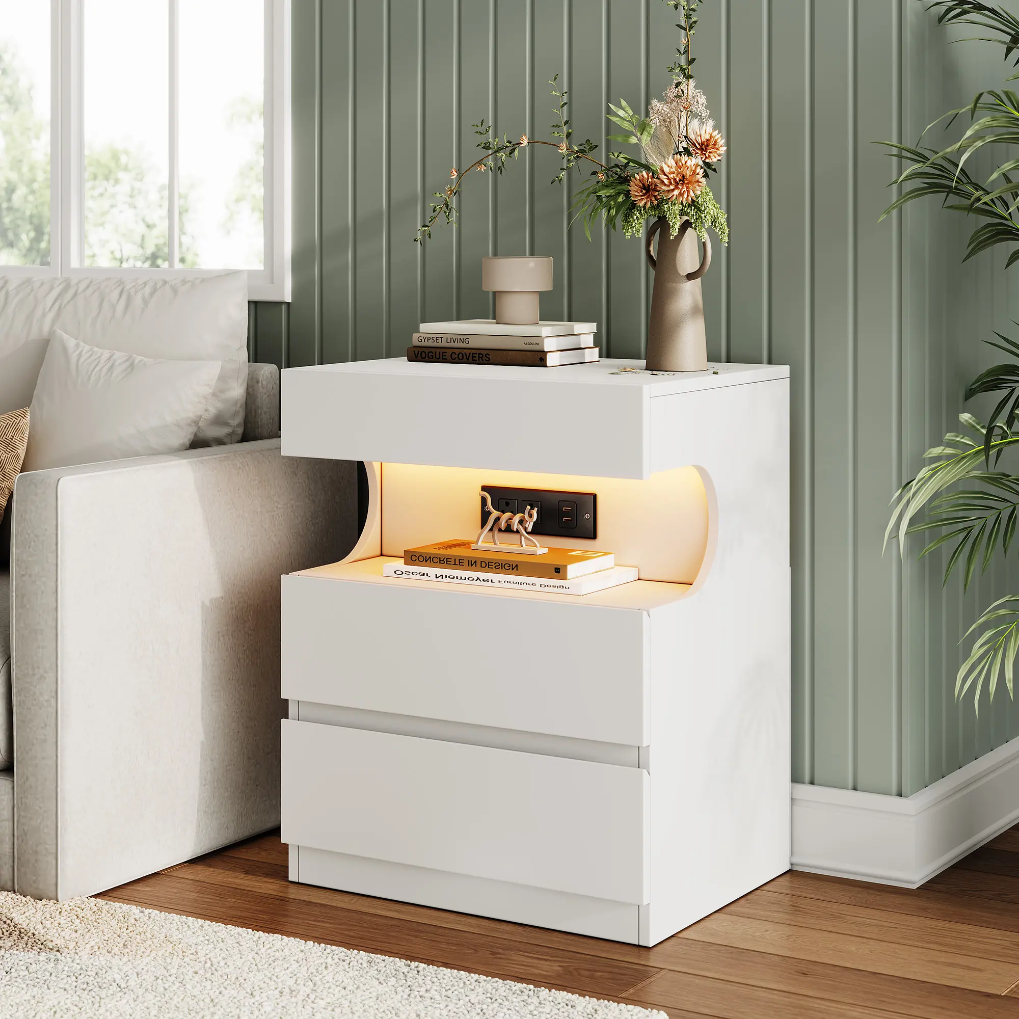 Modern Smart bedside cabinet with App-Controlled LED Lights & Charging Station - 3 Drawers, U-Shaped Open Shelf, USB Ports & AC Outlets