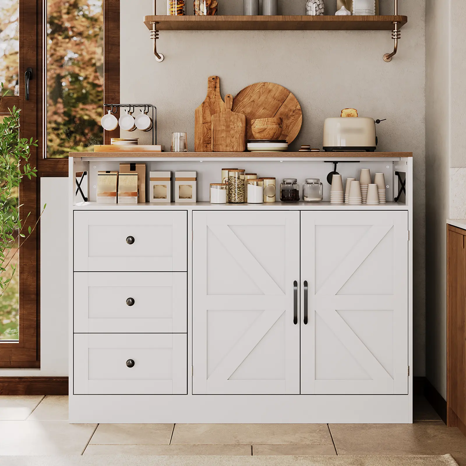 Farmhouse Buffet Cabinet with 3 Drawers & Open Shelf, Sideboard with Storage, 47" Kitchen Pantry Cabinet Hutch, Coffee Bar Station with Built-In Power Outlet for Kitchen, Dining Room