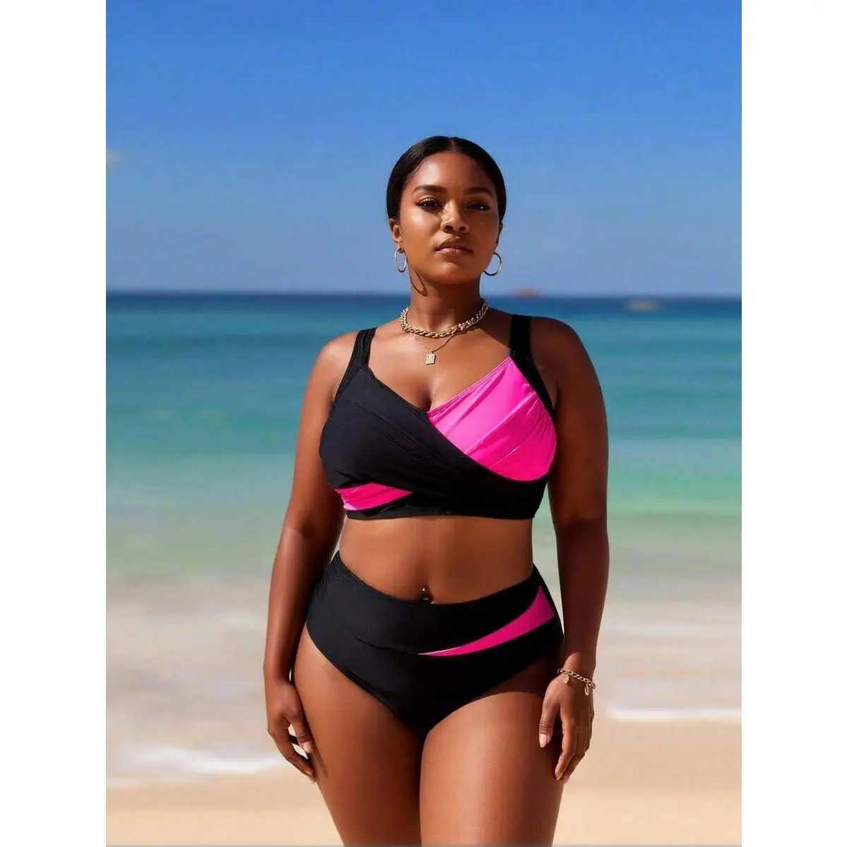 2026 New Plus Size Women's Sexy Fashion Black & Hot Pink Cross High-Waist Two-Piece Bikini For Vacation & Leisure Swimwear