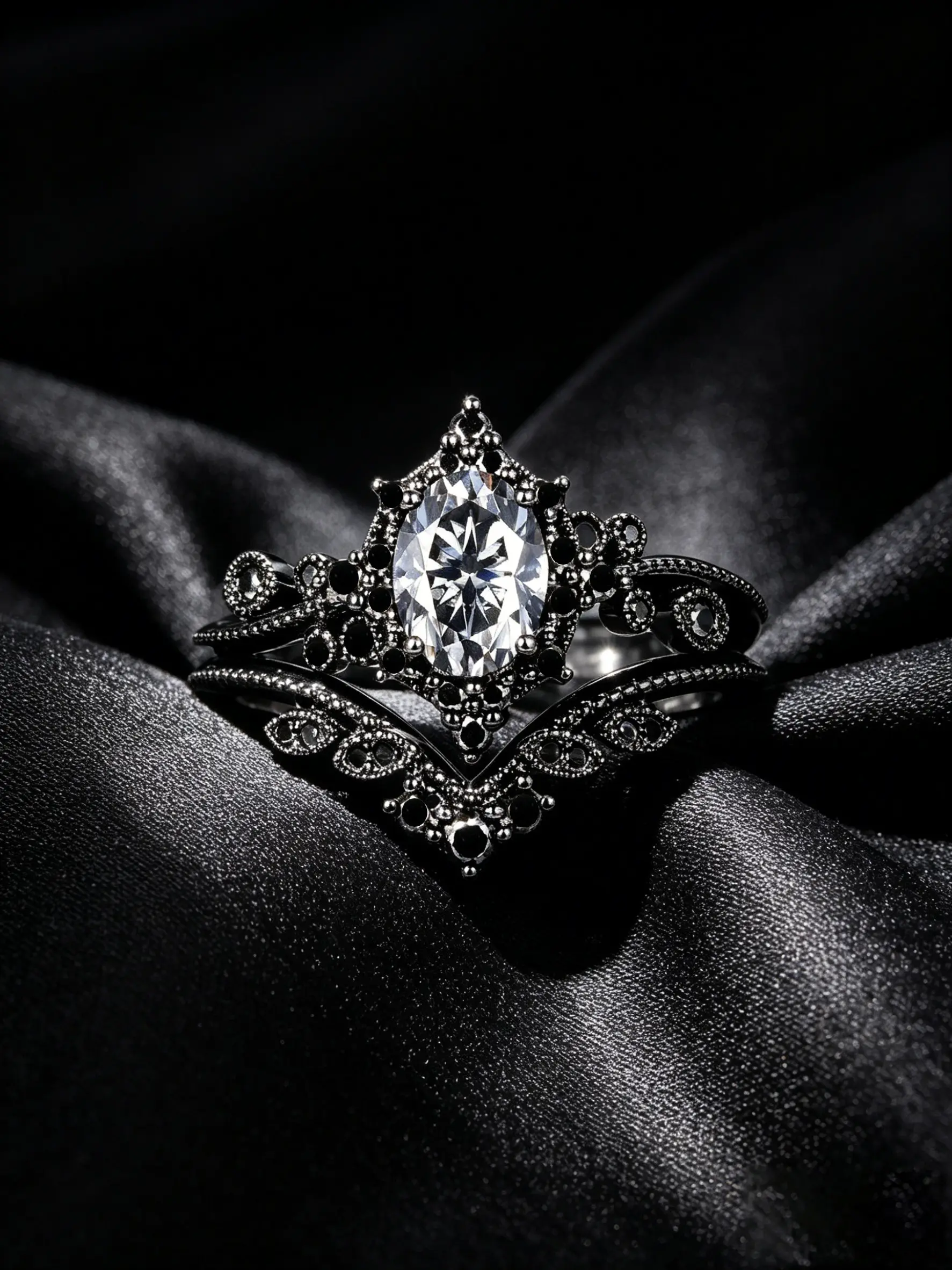 Oval grey moissanite engagement ring set, Gothic black and gold moissanite beaded wedding ring, commitment anniversary ring, women's gift, sparkling rings, Beautiful Rings