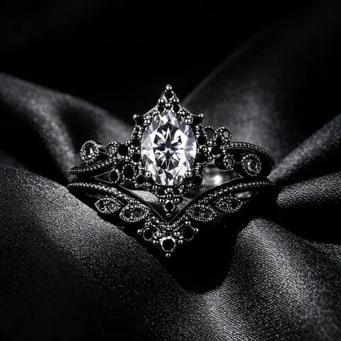 Oval grey moissanite engagement ring set, Gothic black and gold moissanite beaded wedding ring, commitment anniversary ring, women's gift, sparkling rings, Beautiful Rings