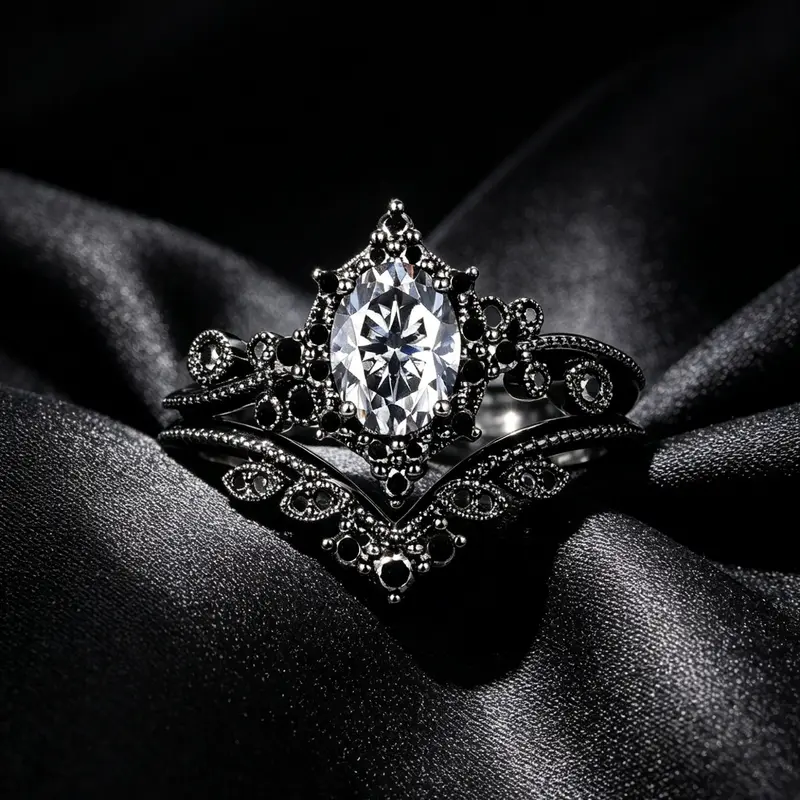 Oval grey moissanite engagement ring set, Gothic black and gold moissanite beaded wedding ring, commitment anniversary ring, women's gift, sparkling rings, Beautiful Rings