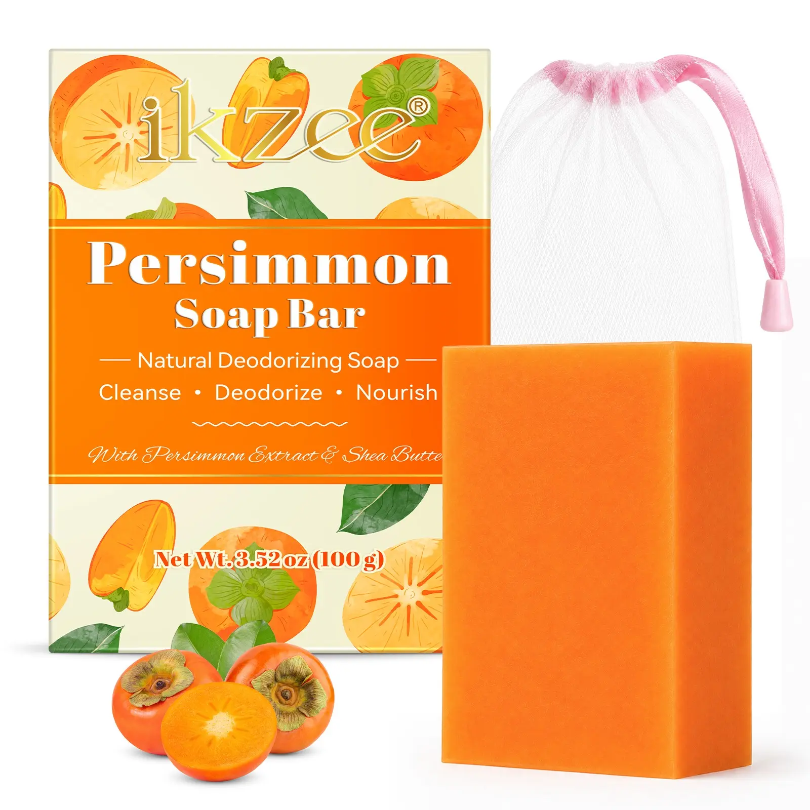 Ikzee Clinical Persimmon Soap, Deodorant Bar, Natural Body Odor Control, Tea Extract, Gentle for All Skin Types, Men & Women