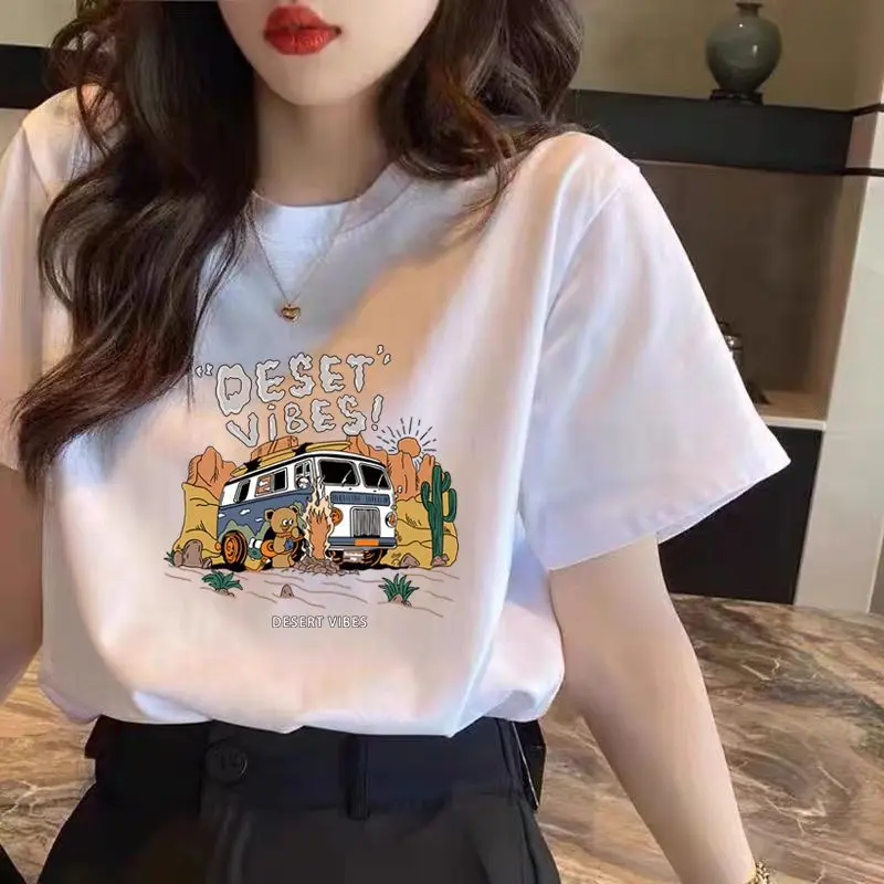 Non-transparent white short-sleeve t-shirt for women, summer, pure cotton, loose fit, simple letter print, round neck