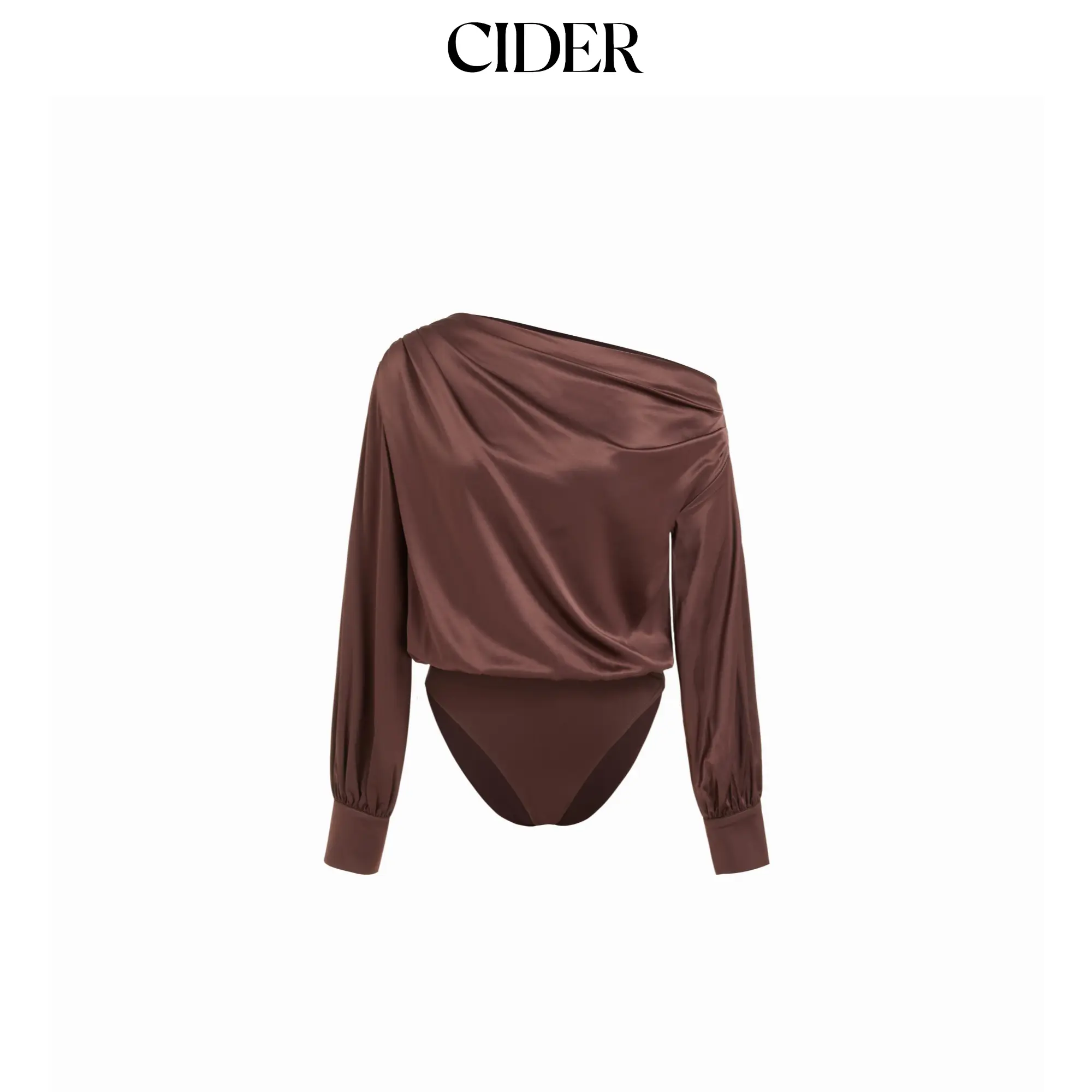 Cider Satin Asymmetrical Neck rRuched Blouse Bodysuit