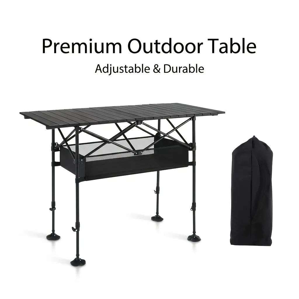 Adjustable Height Folding Table with Mesh Storage Basket & Removable Legs - Foldable Portable Desk Suitable for Picnics, Camping, Beach, Balcony - Waterproof Durable Lightweight Construction, Two-Use for Sitting/Standing, Space-Saving