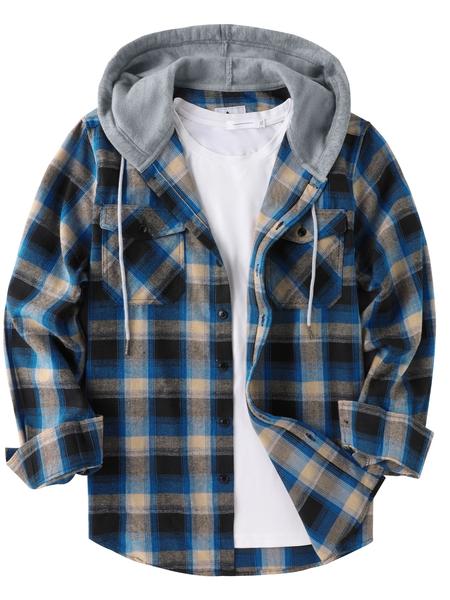 Men's Flannel Hoodie Long Sleeve Fashion Plaid Hooded Shirt Button Neckline with Pockets, Casual Winter Wear for Men
