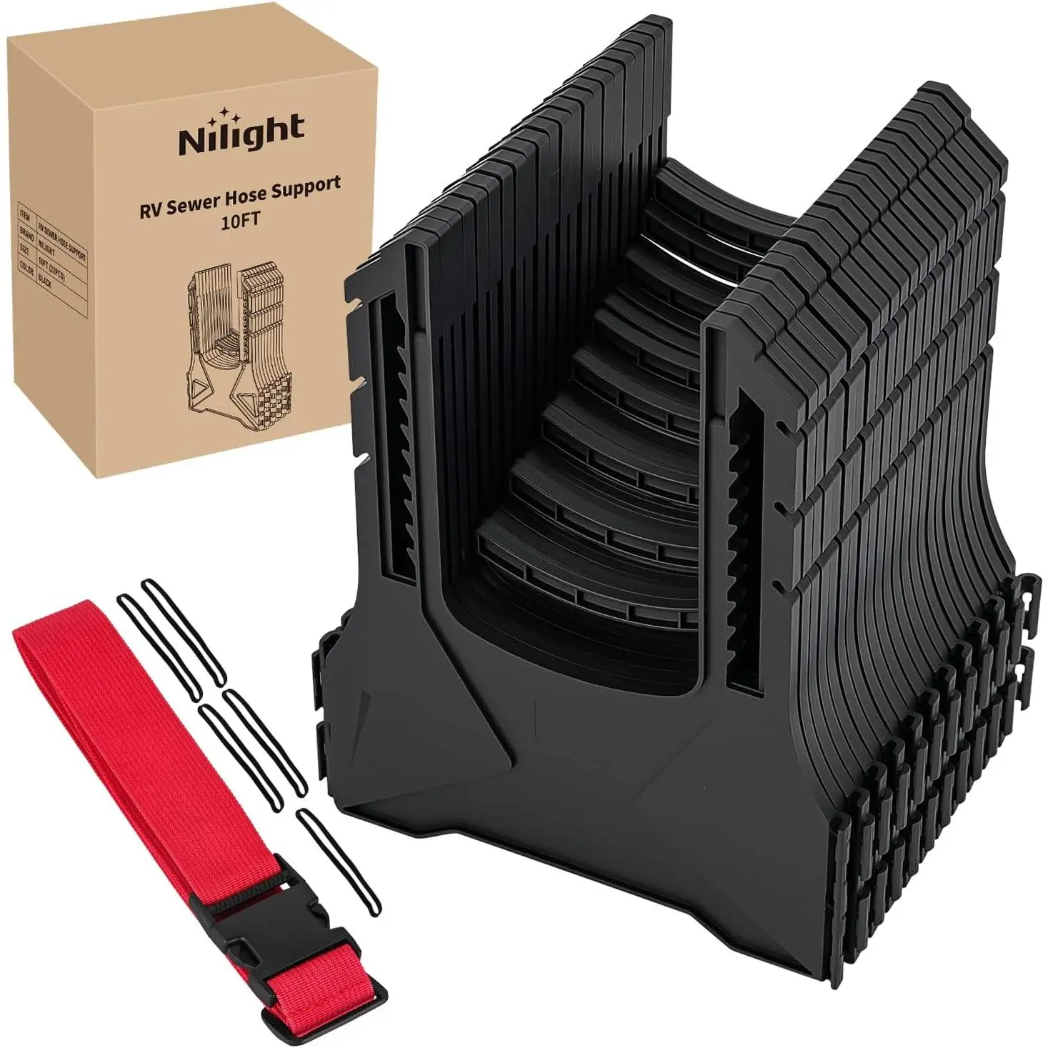 Nilight RV Sewer Hose Support, 10Ft Telescoping Design for Obstacle Avoid, Height-Adjustable for Campers Drainage, Easy Setup, Stable Deep U-Shape Cradles with Strap Handle & Rubber Bands, Black