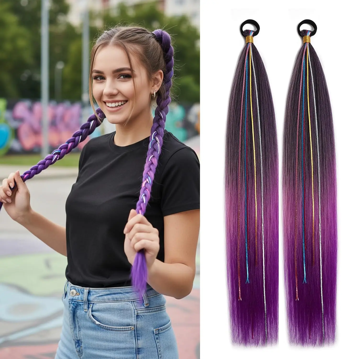 26 Inch Hair Tinsel Colored Braided Ponytail Extension, 2 Pack Purple Ombre Hair Extensions Ponytail with Elastic Tie, Synthetic Straight Hair for Women and Kids for Festival Rave Party