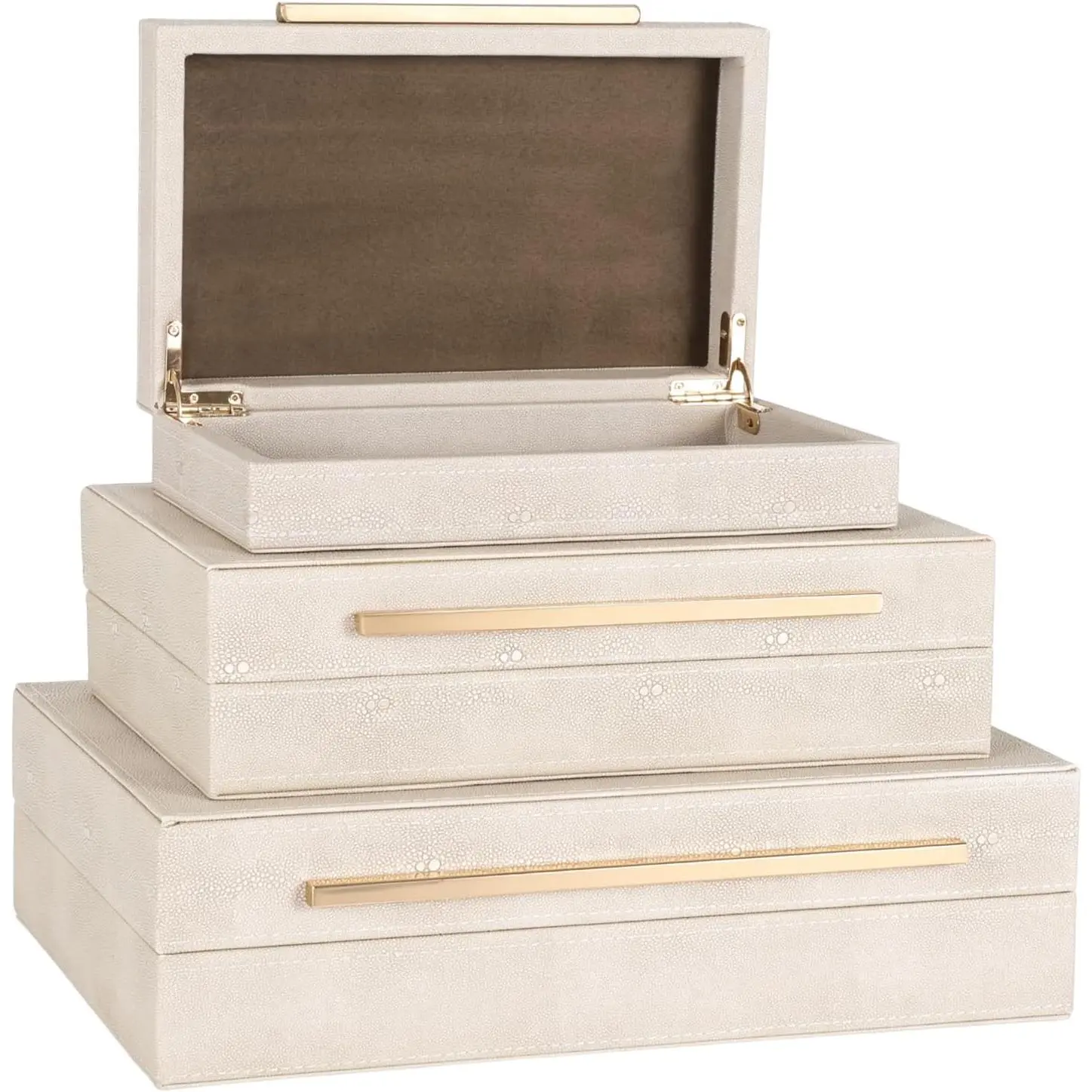 Set of 3 Faux  Shagreen Decorative Boxes, Elegant  Organizer with ,  Lining and Golden Handles, Women's Accessories Storage Box, Stackable Nestable Versatile  Decor