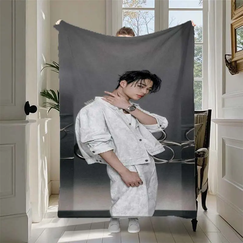 Korean drama-inspired plush blanket featuring portraits of Korean actors - a soft flannel bedspread suitable for all seasons, adorned with portrait patterns, in beige and black, perfect for sofas, travel, and camping - a fan gift for both men and women.