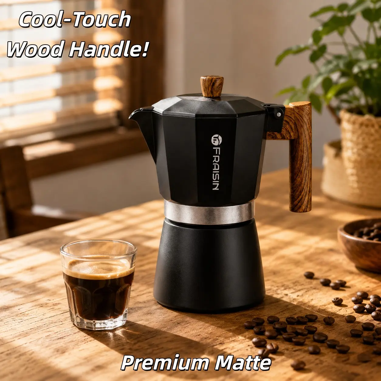 Fraisin Moka Pot 3 Cup/6 Cup Capacity, Aluminum Body with Wooden Handle, Italian Espresso Coffee Maker for Stove Use, Coffee Brewer