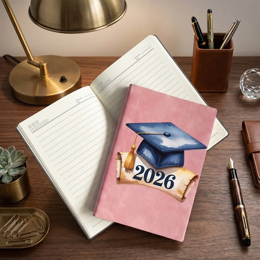 Watercolor Hand-Drawn 2026 Graduation Hat Scroll Print PU Leather Notebook, Thick Lined Pages, Memorial Journal for Students