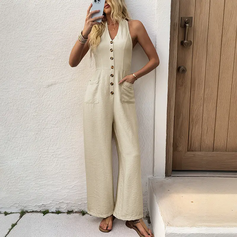 Women Halter Backless Jumpsuit, Sleeveless V‑Neck Button Front Wide Leg Long Pants Casual Vacation Romper with Pockets