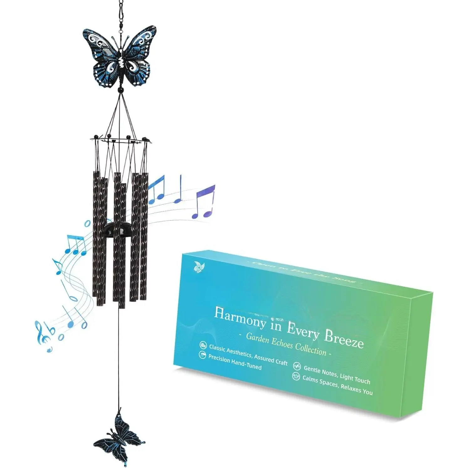 32''  Butterfly  Chime for Outside Clearance, Garden Metal chimes for Outdoors Patio Decor(Black Blue)