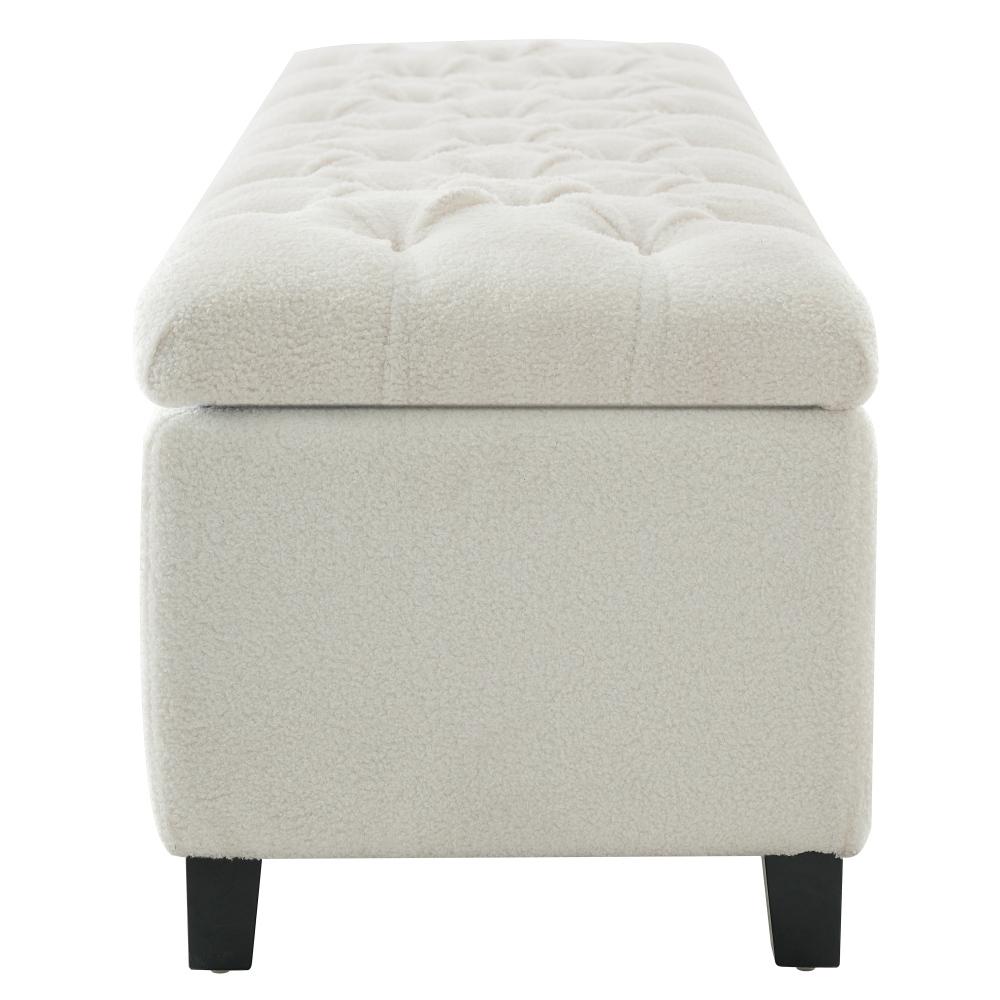 Ottoman Bench with Storage, White Boucle Surface, Rubber Wood Legs, 300 lbs Capacity