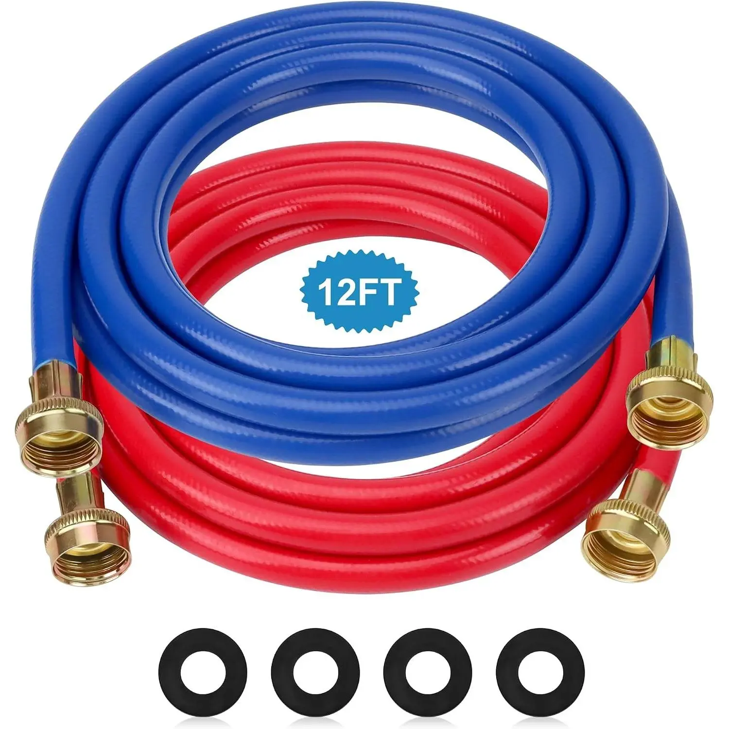 Washer Hose 12 Ft/12FT Rubber Washing Machine Hoses,Washer and Dryer Hose 3/4 Connection Supply Lines for Hot and Cold Water Washer Hoses,Universal Washing Machine Hose (2 Packs)