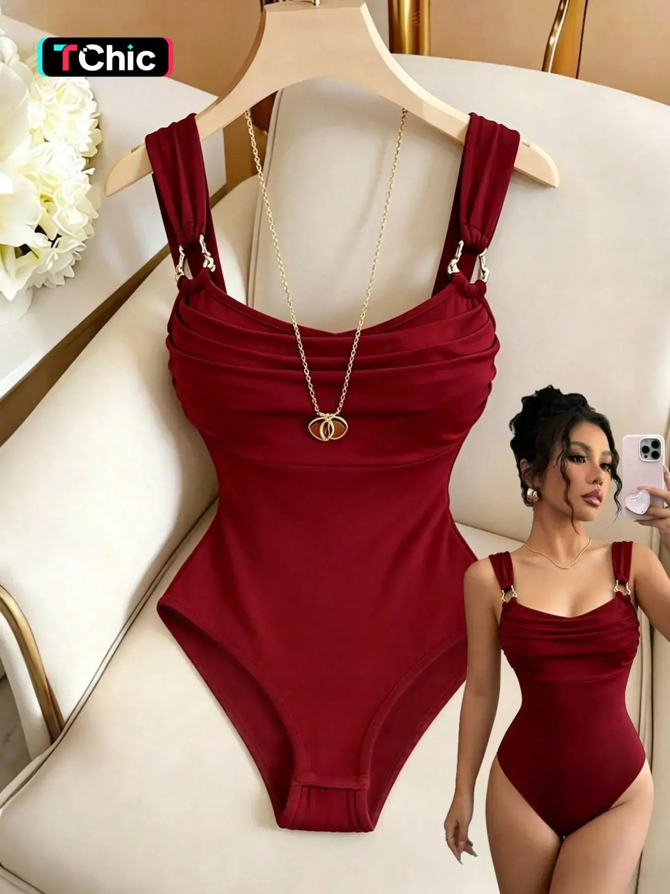 Burgundy Square Neck Ruched Metal Buckle Halter One-Piece Swimsuit, Tight-Fitting Elastic Inner Top, Summer Beach Dance Photo, Fashionable Swimsuit