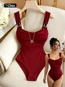 Burgundy Square Neck Ruched Metal Buckle Halter One-Piece, Tight-Fitting Elastic Inner Top, Summer Beach Dance Photo