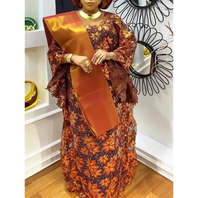 Women's Modest Wide-Sleeve Formal Wear Lady African Maxi Dress - Muslim Lace Boubou Abaya, Dashiki Ankara Sequin Gown, 142cm, 1 Size, Loose-Fitting Polyester, All Seasons, Chic, W/ Headscarf & Inner Dress, Bachelorette Party