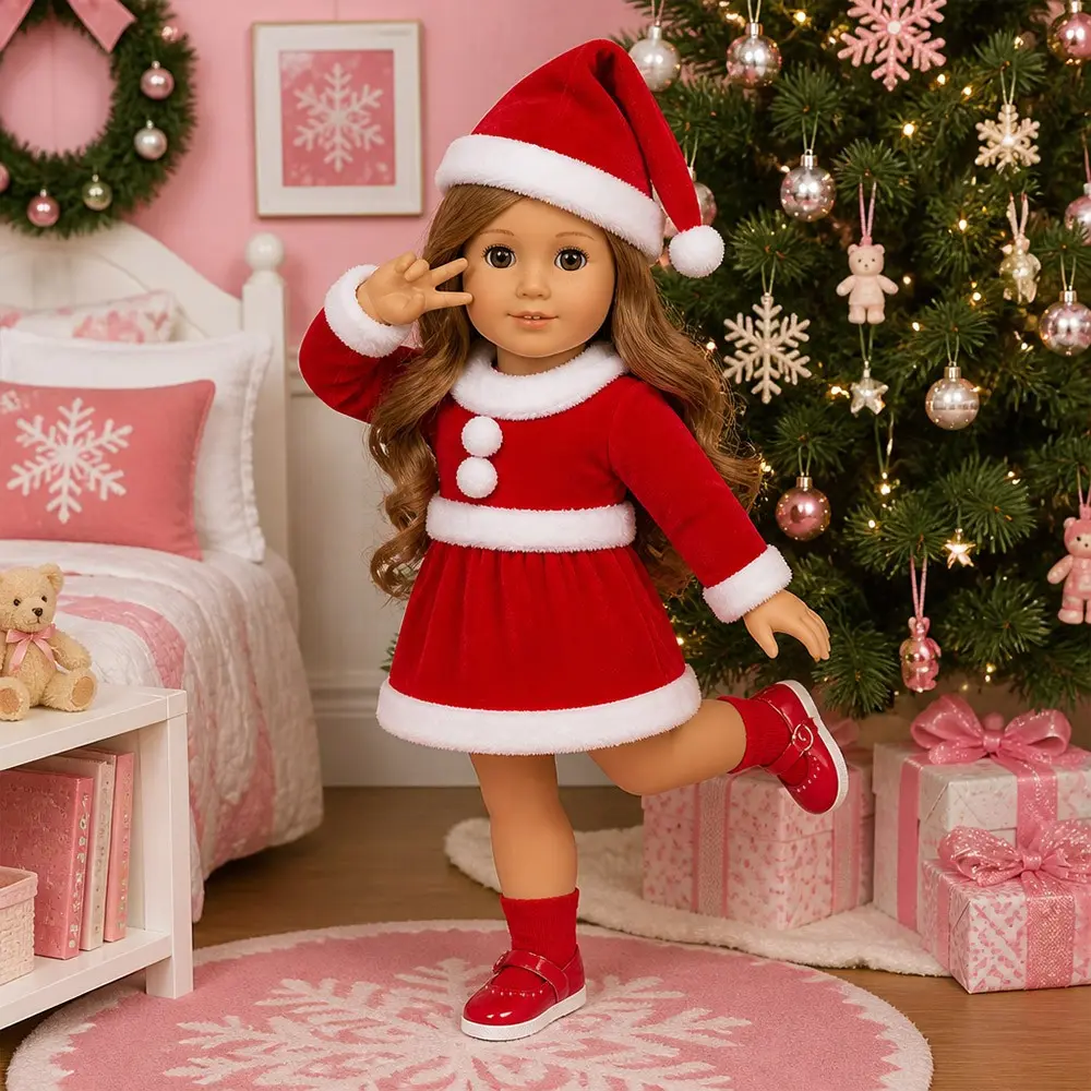18 Inch American Girl Doll Christmas Dress Set, Santa Hat Shoes Socks, Perfect Birthday Gift, DIY Craft Essential