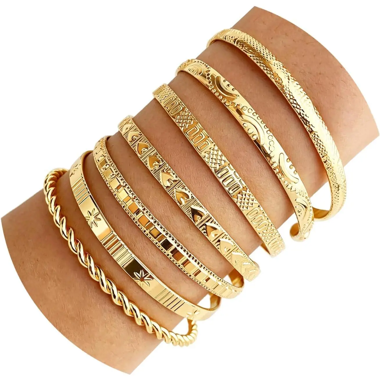 Golden Bangle Bracelets Set for Women, 14k -Plated Multi Layer Stackable Cuff Bracelets, Personalized Boho Non Tarnish Adjustable Bangle   for Her