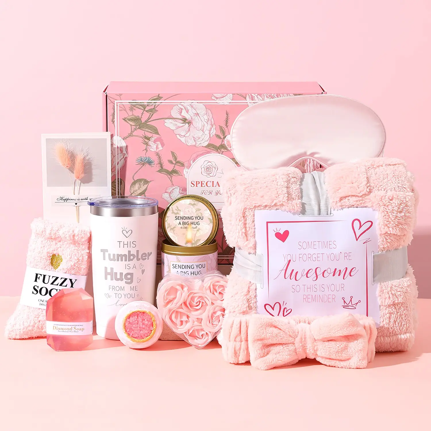 1Set Pink Self-Care Gift Box Set, including insulated tumbler, fluffy blanket, scented candle, sleep eye mask, bow headband, fuzzy socks, gemstone soap, rose soap and bath bomb, ideal as holiday and birthday gifts