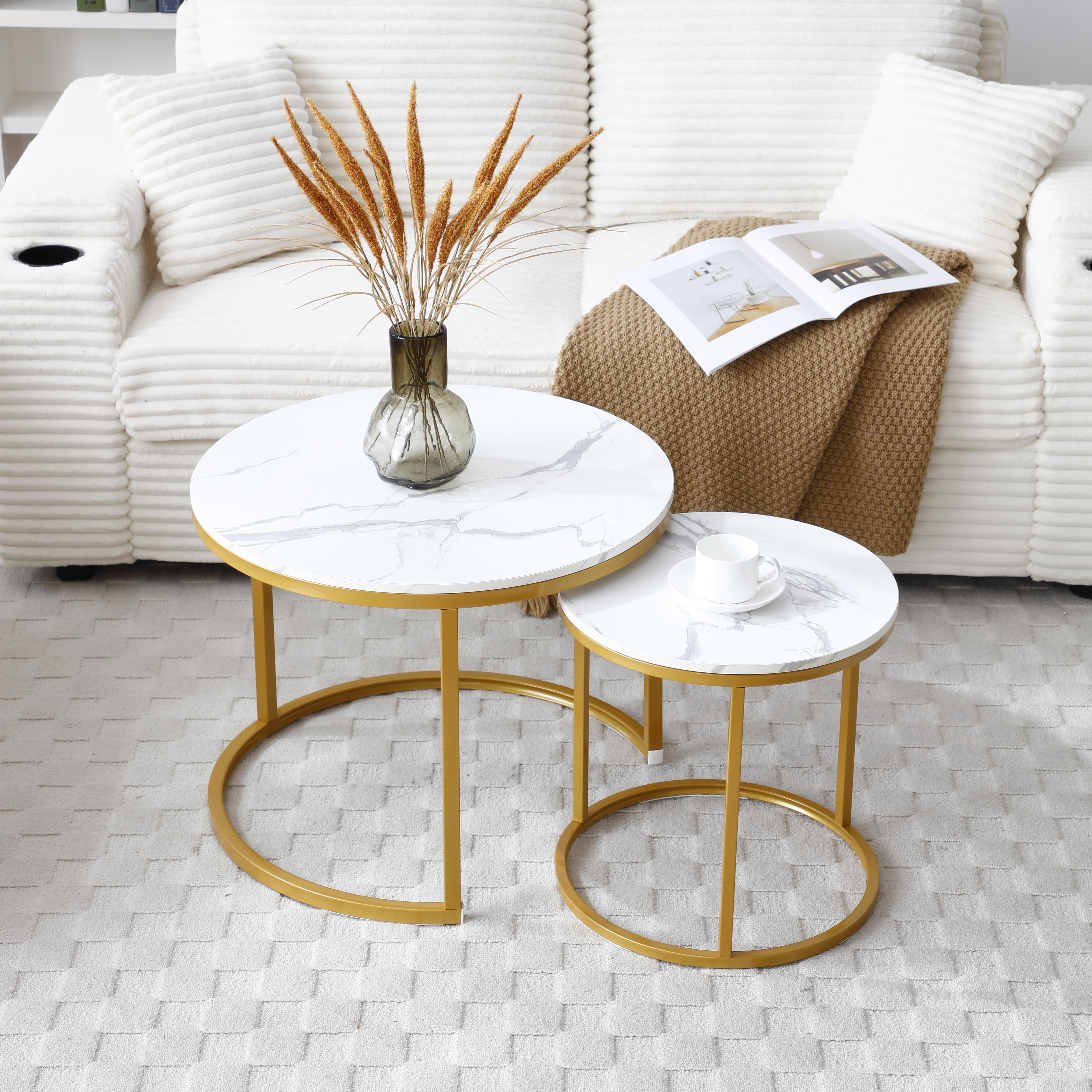 White Gray Nesting Round Coffee Table Set of 2 82.7*63*63.7 Inch Marble Pattern MDF Top Golden Metal Frame Space-Saving Stackable Side Table Stable Easy Assembly Modern Living Room Bedroom Furniture