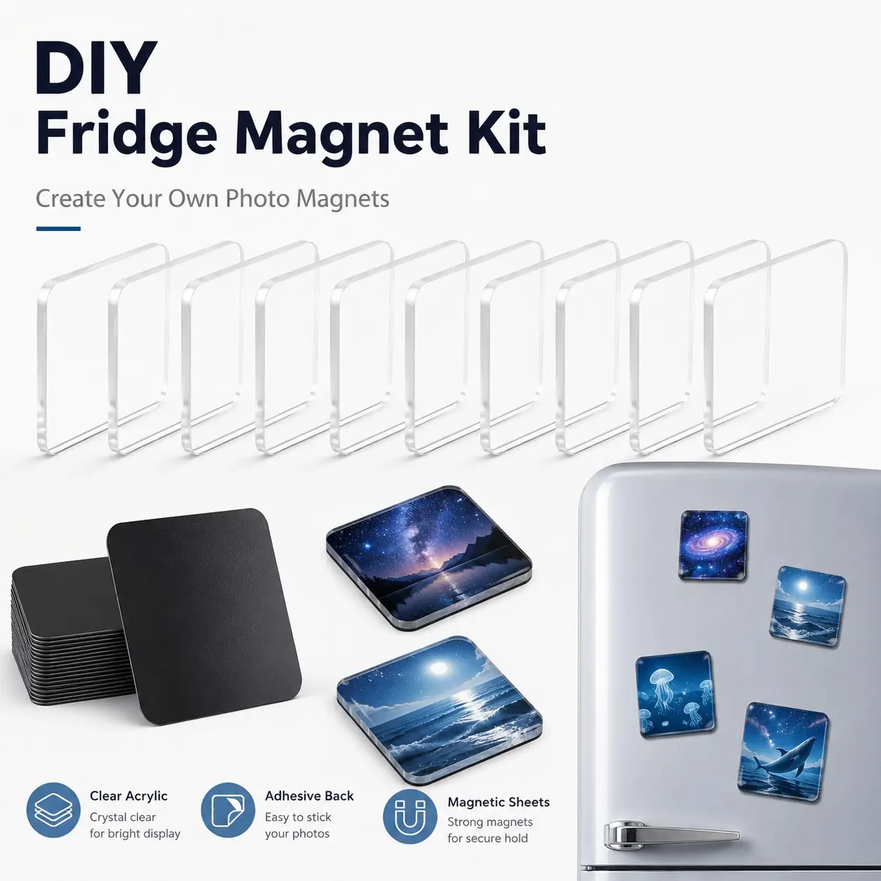 10/15 PCS DIY Fridge Magnet Kit, Clear Acrylic Square Magnetic Photo Frames With Adhesive Backing, Customizable Picture Magnets For Refrigerator, Kitchen, Classroom, Office And Home Decor