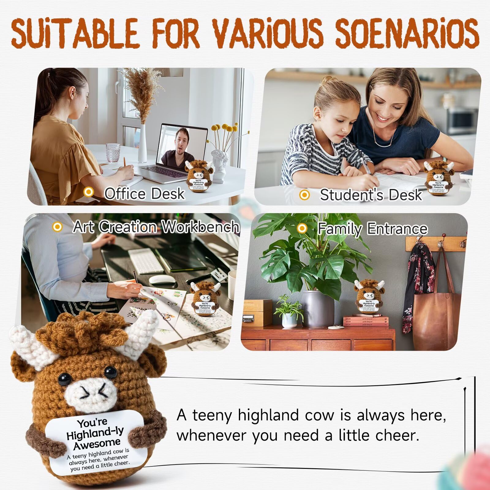 Cute Handcrafted Highland Cow Knit Plushie,Ultra Soft Fluffy Stuffed Animal,Squishy Relaxing Toy for Anxiety Relief,Adorable Bag Keychain Pendant,Perfect Festival Gift for Family Friends,Desk Bedroom Car Decor,Unique Handmade Crochet Cow Doll