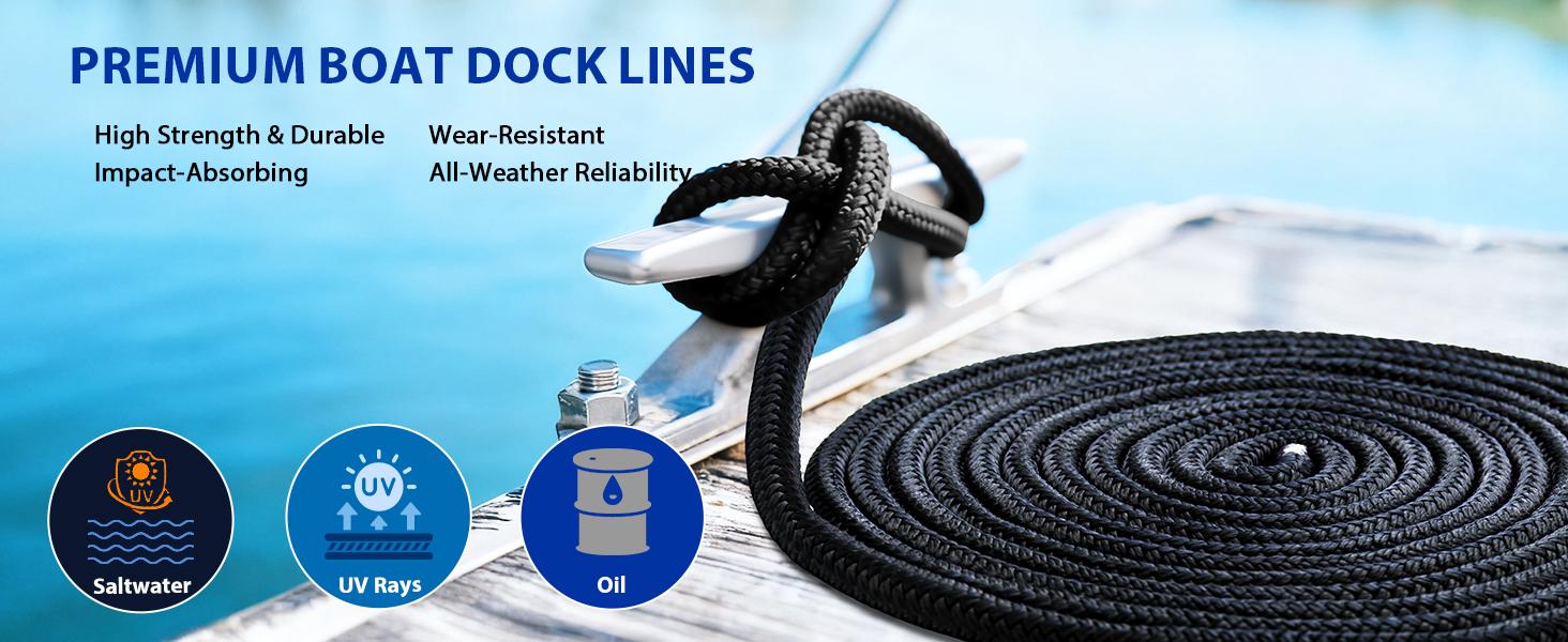 Boat Dock Lines Marine Rope - 3/8" x 15ft with Pre-Spliced 12" Loop Double Braided Nylon Ropes Bumper Tie Mooring Line for Boats Docking Pontoon Boating Accessories - 4 Pack