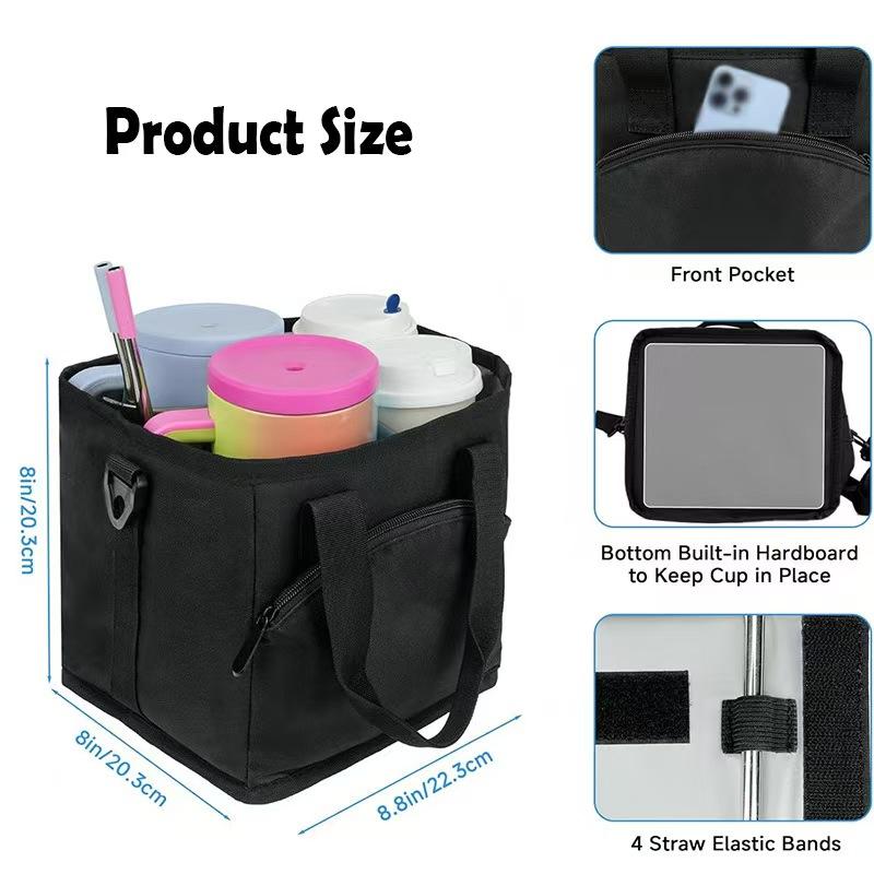 Family 4-Compartment Drink Bag Heavy-Duty Nylon Tumbler Caddy for Hiking Walking with Large Front Pocket & Adjustable Divider