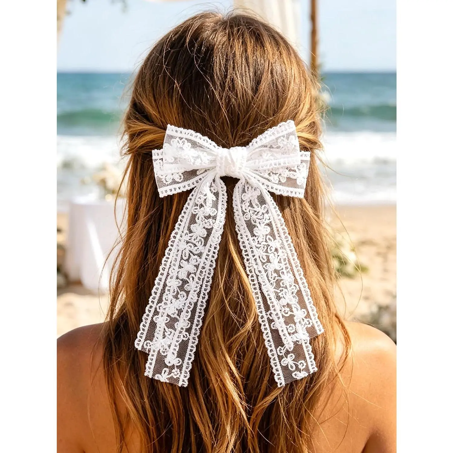 Bridal Hair Bow Clip Veil White Double Layer Bowknot Lace Hair Clip | Embroidered Organza Bow Hair Pins,Bachelorette Party Favors,Birthday Party Communion Wedding Headpieces for Women and Girls