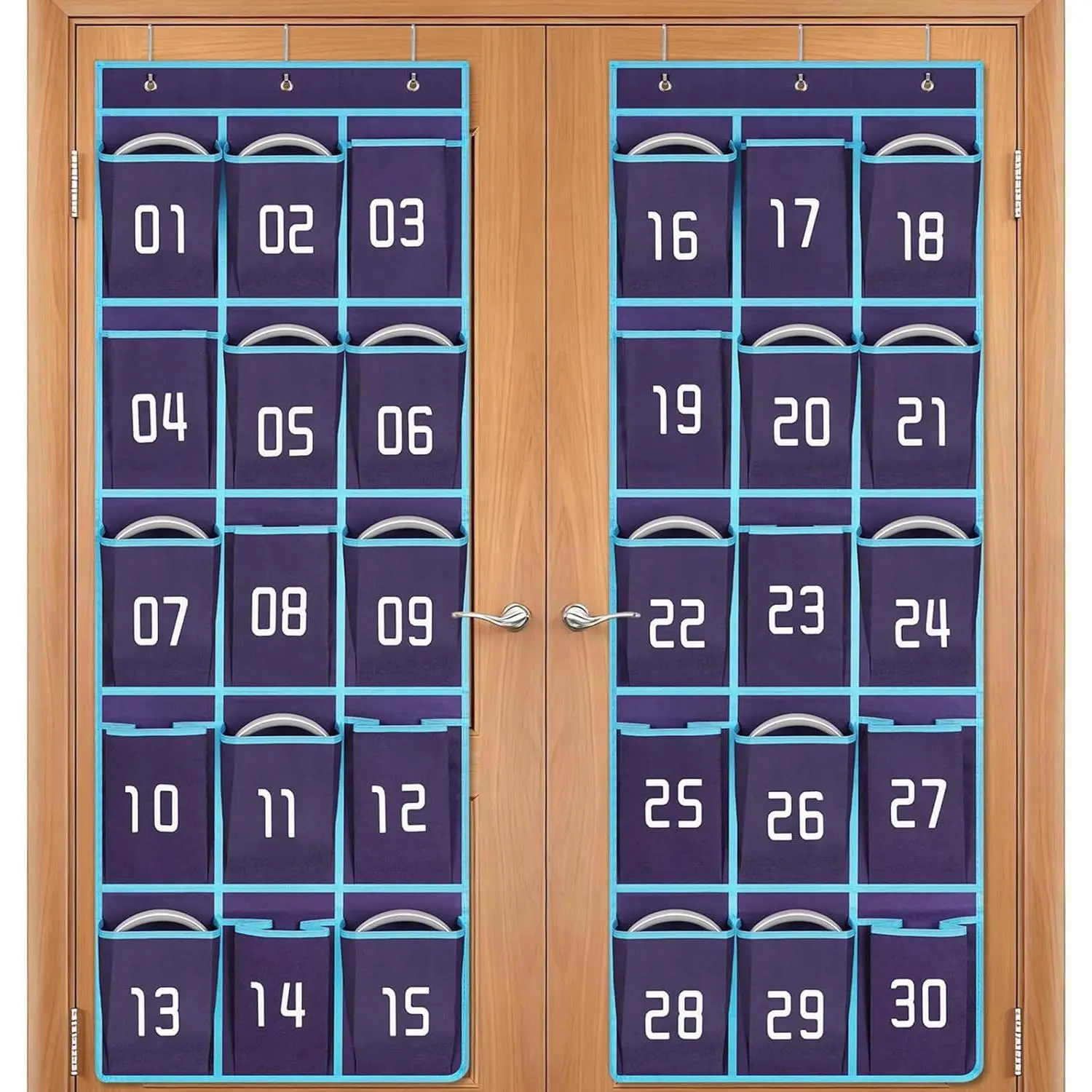 2 Pack Classroom Headphone Storage Organizer, 30 Pockets Wall Hanging Numbered Headphone Holder, Over The Door Classroom Pocket Chart for Headphones, Cell Phone, School Supplies (Blue)