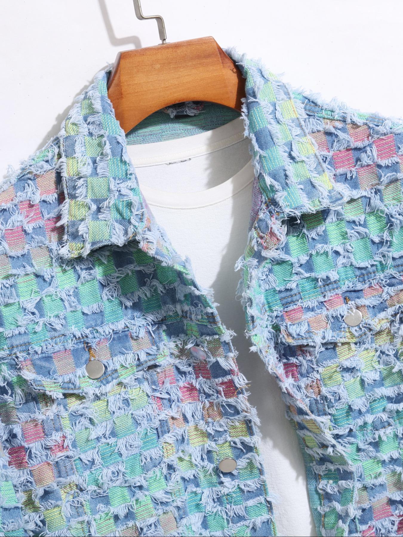 Men's Raw Trim Button Pocket Denim Jacket, Loose Street Long Sleeve Collared Outerwear for Daily Wear, Fashion Men's Clothes, Casual Fashion Jacket for All Seasons