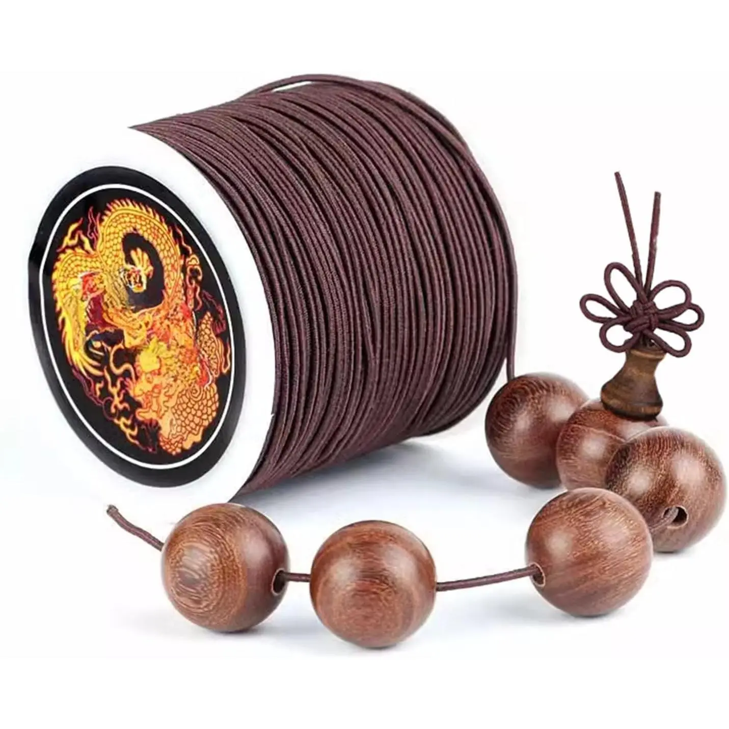 Stretch Beading Cord Elastic  String for Buddhist Bracelets, Mala Beads,  Crafting - Durable Wear-Resistant Buddhist Prayer Rope with Hook  Tools (Brown)