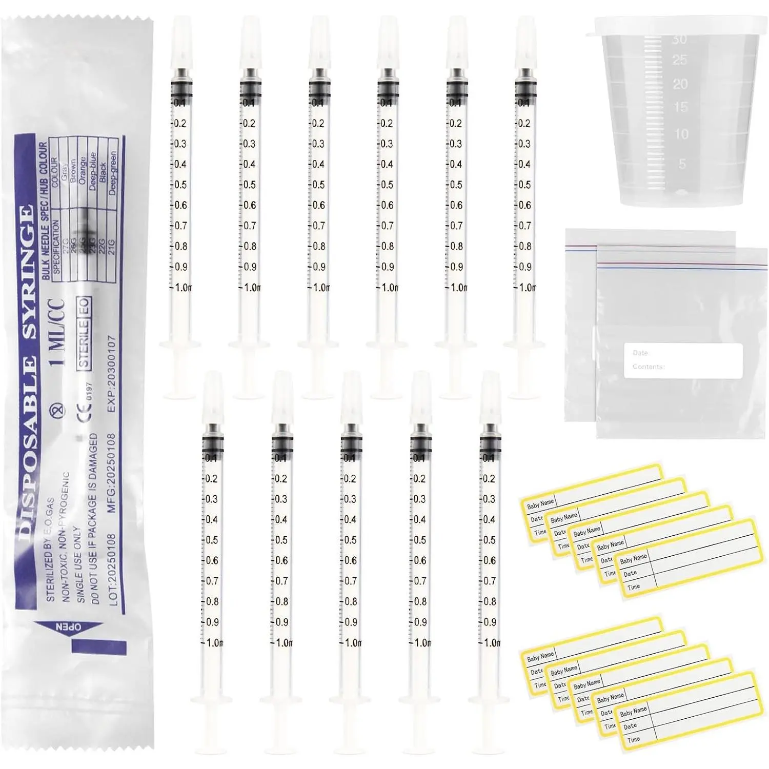 20-Piece Colostrum Collector Kit: 20 x 1ml Sterile Syringes with Caps (No Needle), 20 Labels, 2 Storage Bags, Measuring Cup(Gift)