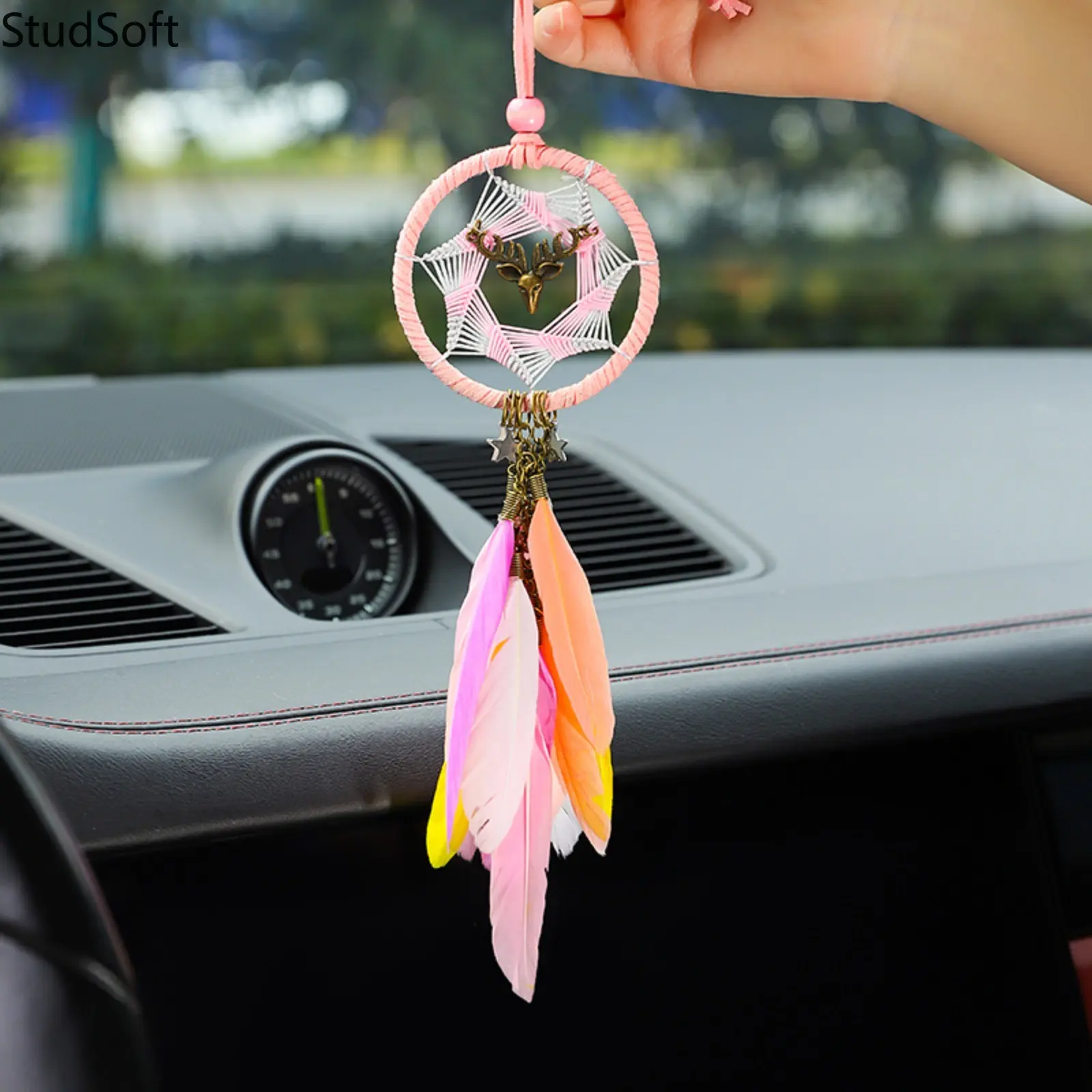 Car Mirror Hanging Accessories Pink Dream Catcher Deer Head Colorful Feather Pendant Rear View Charm Decor
