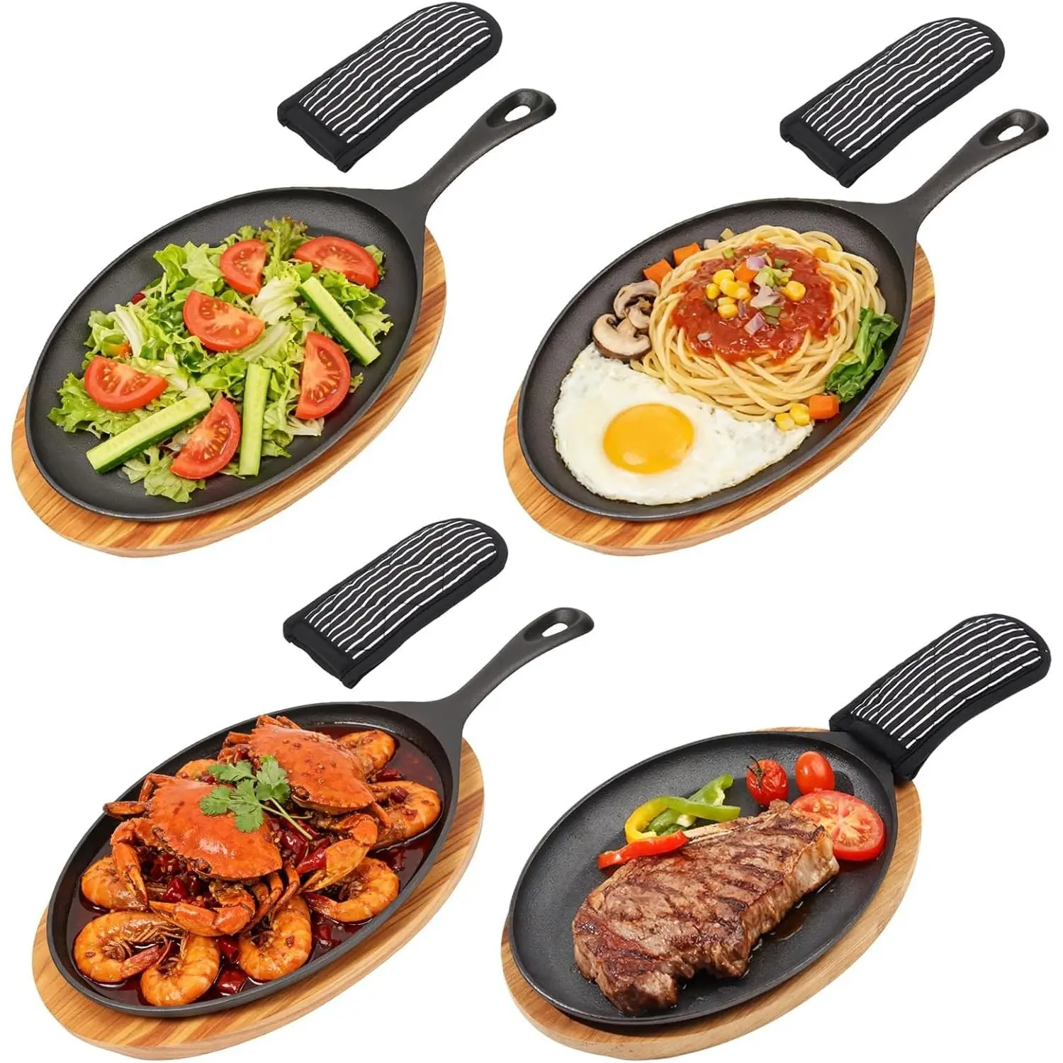 4 Sets Cast Iron Fajita Skillet Set Sizzling Plate with Wooden Base & Anti Scald Protection Hot Handle Cover, Cast Iron Skillets Set for Home Barbecue Kitchen Party Restaurant Catering Service