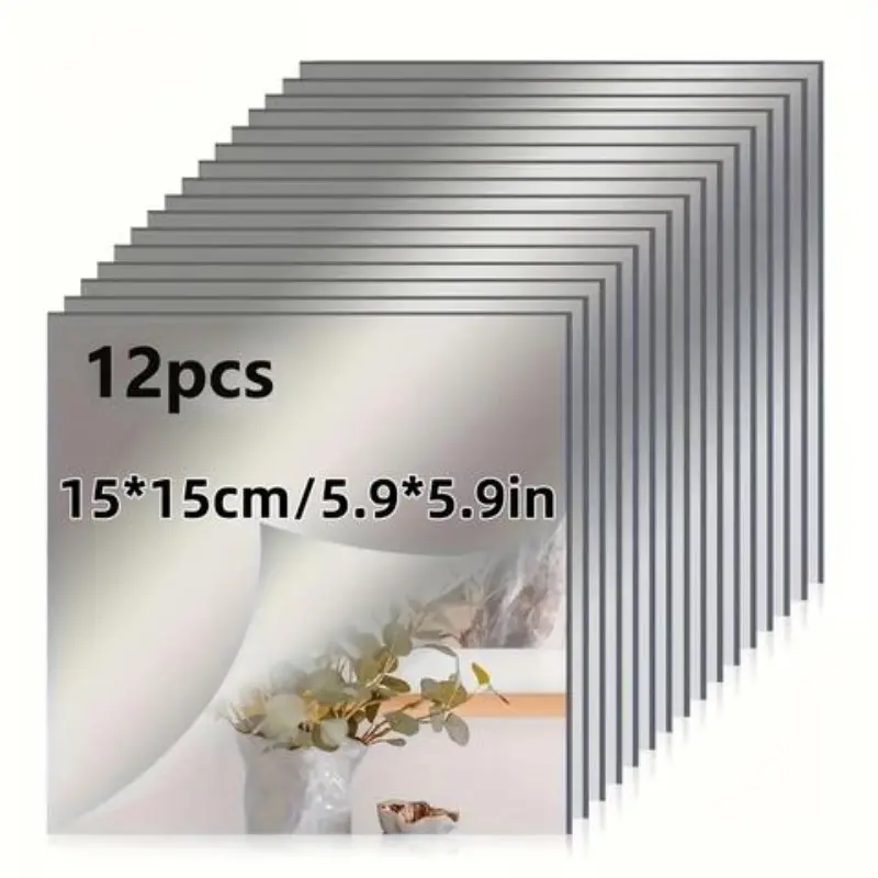 12pcs Acrylic Mirror Tiles, 15x15cm Self-Adhesive Full-Length Mirrors, Modern Home Decor, Bathroom & Living Room Wall Mirrors, Easy Installation