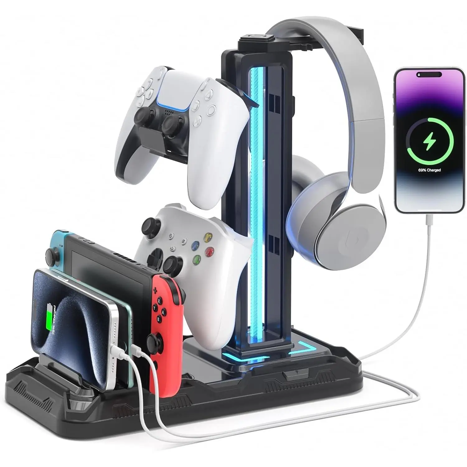 Headset Stand with Charging Station - Detachable Controller Holder with 9 Light Modes - Rotatable Headphone Hanger with USB A&C Charger Ports - Earphone Hook for PC Gaming Accessories Storage