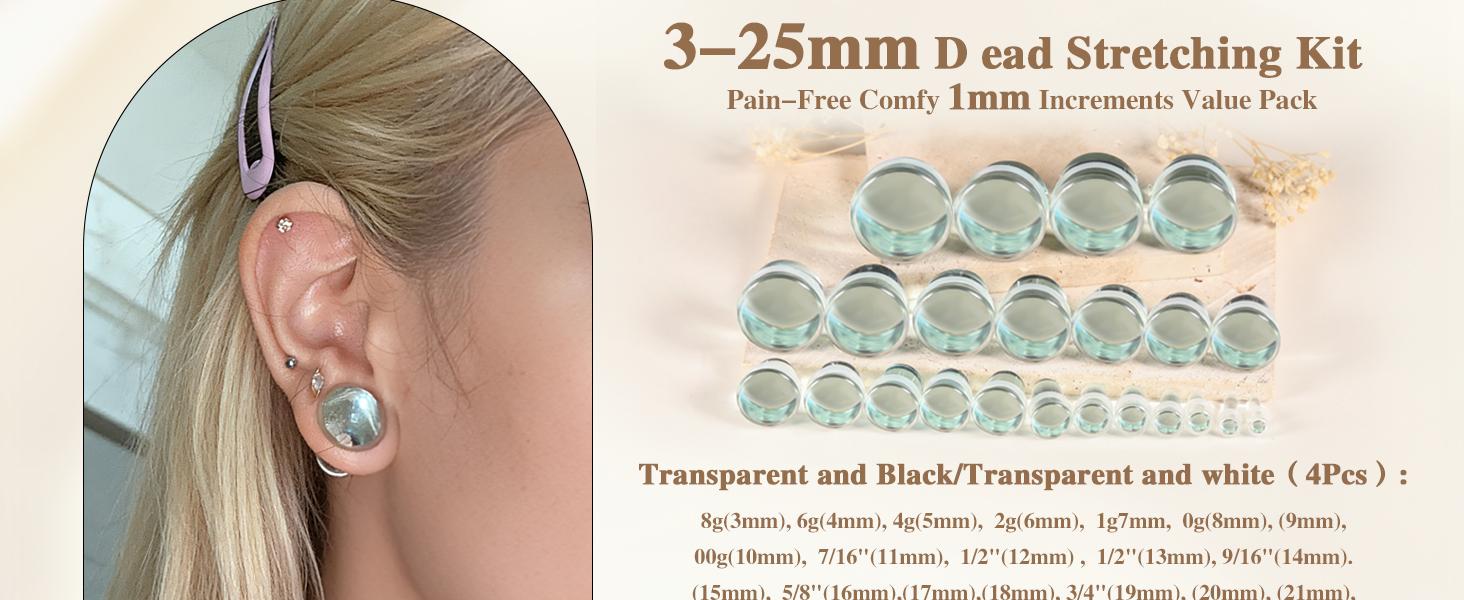Glass Ear Stretching Kit Single Flare Plugs & Rubber Rings Unique 1mm Increments 3mm-25mm Gradual Sizing Smooth Glass Gauges for Daily Wear Earring Expander Stretcher Piercing Body Jewelry 4Pcs