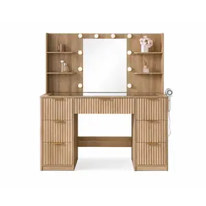 [Summergarden][Fathersdaygift] AMERLIFE 36.2/47.2" Fluted Vanity Desk with Mirror and Adjustable LED Lights, Large 4/7 Drawers Makeup Table with Glass Top and Charging Station for Women and Girls, Bedroom or Dorm/Best Gift Ideas/Christmas Gifts