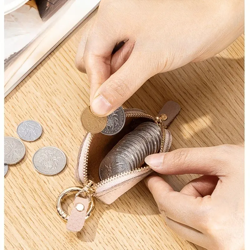 Lychee Pattern Genuine Leather Keychain Pouch - Compact Zippered Coin Wallet, Organizer for Coins, Jewelry, Lip Balm & Small Accessories