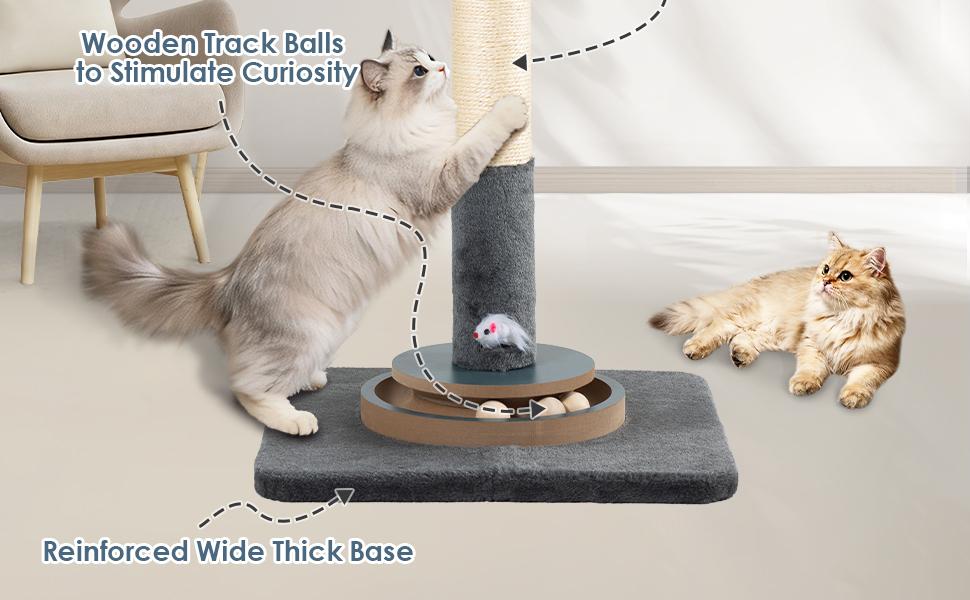 31.5" Tall Cat Scratching Post, Natural Sisal Scratcher with Large Plush Base & Interactive Toys for All Cats,Grey