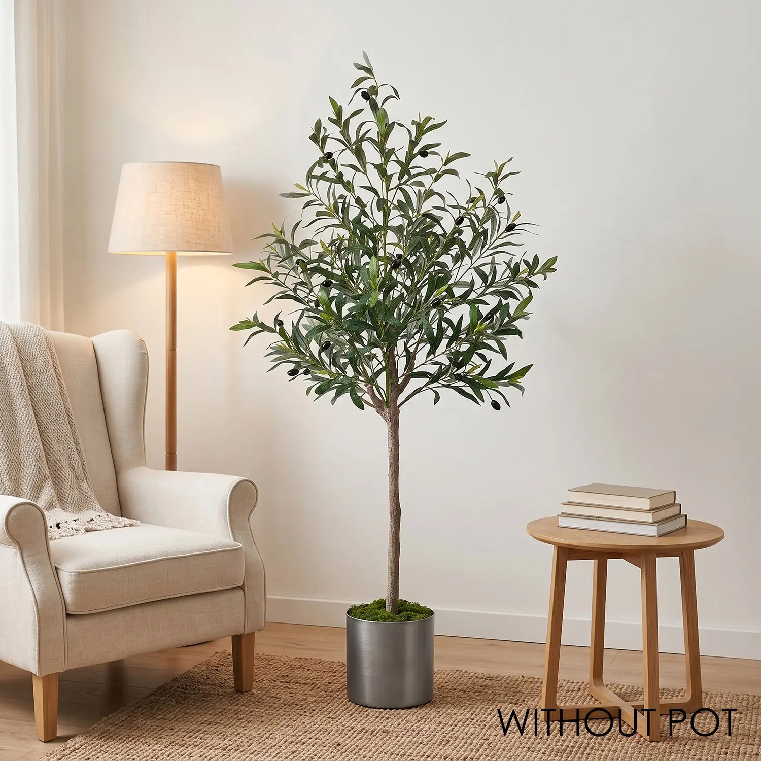 4.5FT (140cm) Artificial Olive Tree (NO POT) with Ground Stake, Mediterranean Thick Trunk, Large Floor Standing Faux Plant, Artificial Simulation Plant, Low Maintenance for Indoor Outdoor Home Decor