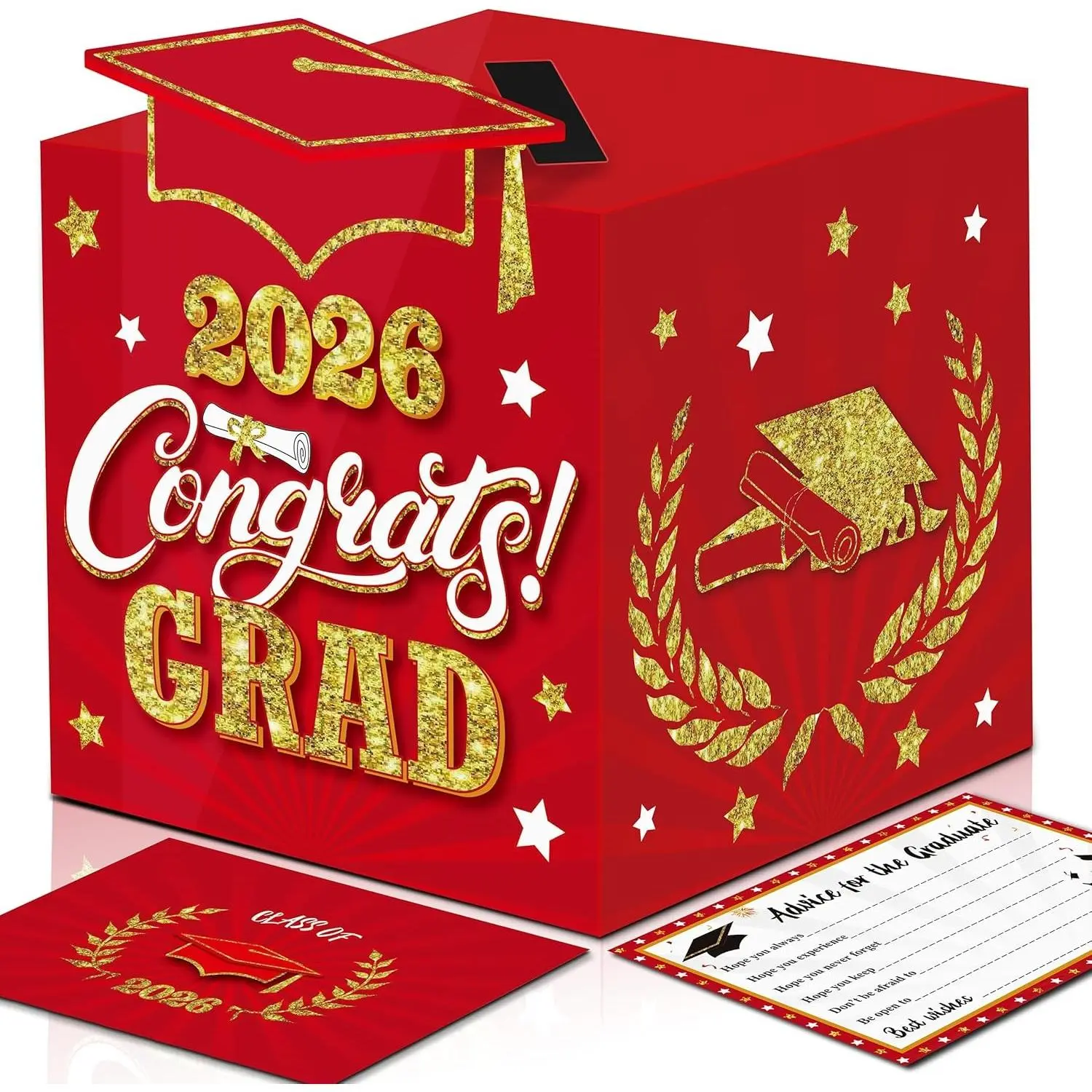 Graduation Wish Cards with Red and Gold Graduation Card Holder Box - 36PCS Class Of 2026 Graduation Advice Cards and 2026 Congrats Grad Card Box for Graduation Party Supplies Decoration